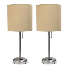 LimeLights Brush Steel Lamp w/Charging Outlet/Tan Shade-Set of 2