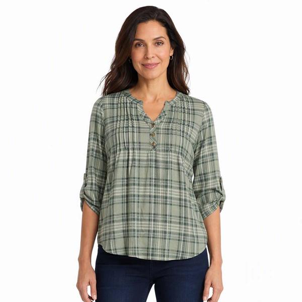 Womens Notations 3/4 Sleeve Plaid Pleat Blouse - Sage
