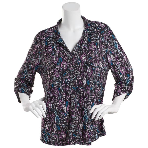 Womens Emily Daniels 3/4 Sleeve Ikat Disco Dot Button Down Top - image 