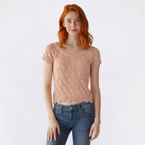 Juniors Pink Rose Short Sleeve Pointelle Knit Top