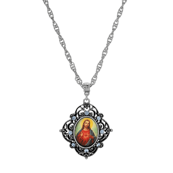 Symbols of Faith Silver Tone Oval Jesus Decal Pendant Necklace - image 