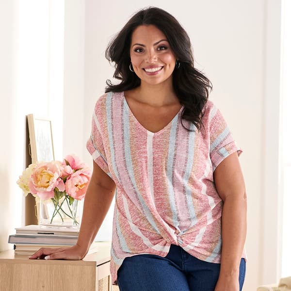 Plus Size Almost Famous Short Cuff Sleeve V-Neck Twist Hem Top - image 