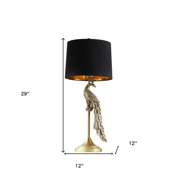 HomeRoots 29in. Gold Peacock Table Lamp with Black Drum Shade