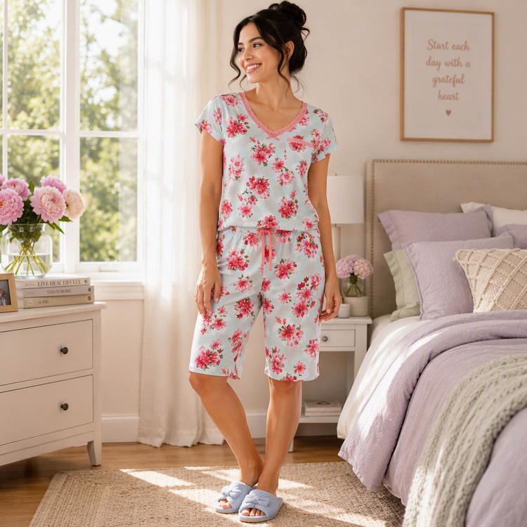 Plus Size Karen Neuburger Floral Toss Scoop Neck Bermuda Pajama