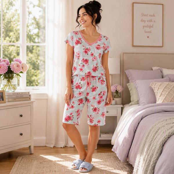 Petite Karen Neuburger Floral Toss Scoop Neck Bermuda Pajama Set - image 