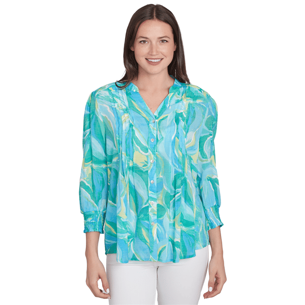Petite Ruby Rd. Paradise Cove Abstract Tropical Silky Button Fro - image 