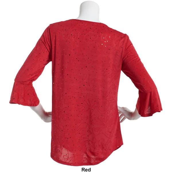 Womens Notations 3/4 Ruffle Sleeve Disco Dot Keyhole Blouse