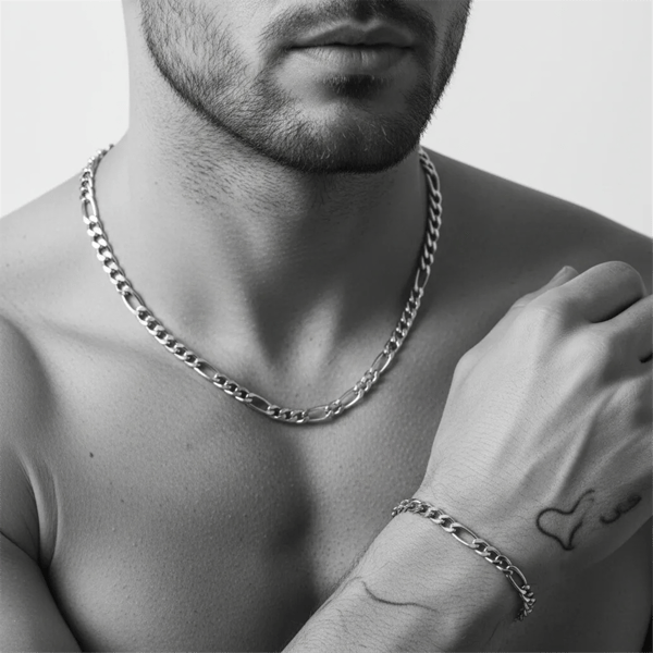 Mens Iron Saints 6mm Figaro Link Silver Necklace Bracelet Set