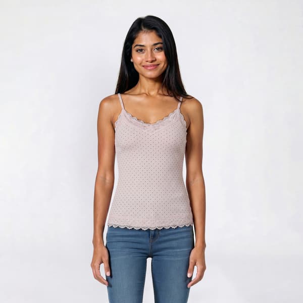 Juniors Pink Rose Rib Lace Trim Long Camisole w/ Dots - image 