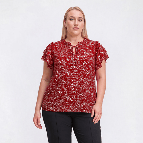 Plus Size NY Collection Flutter Sleeve Heart Dot Tie Neck Blouse - image 