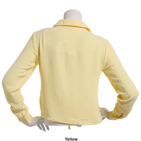 Juniors No Comment Long Sleeve Tie Front Button Up Blouse