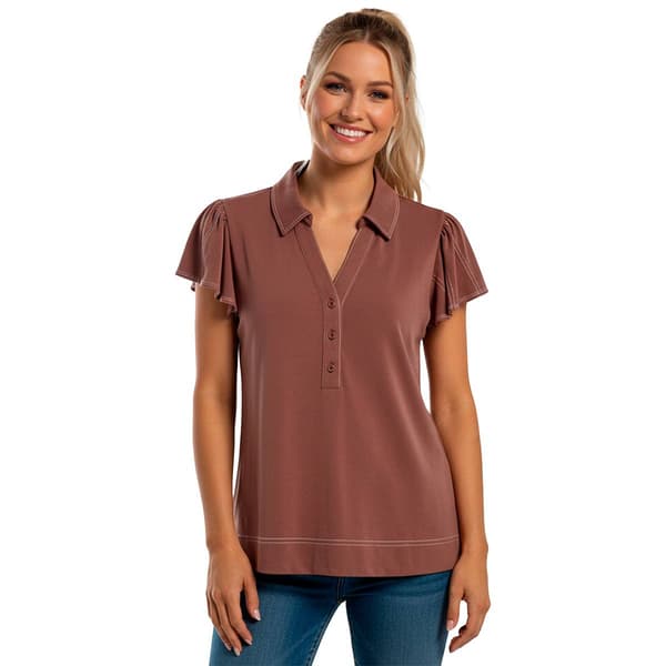 Womens Adrianna Papell Flutter Sleeve Solid Henley Blouse