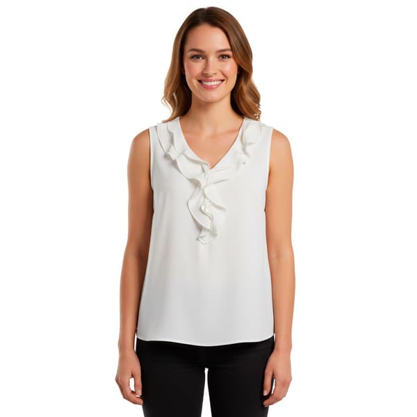 Womens Kasper Sleeveless Ruffle V Neck Solid Blouse - image 