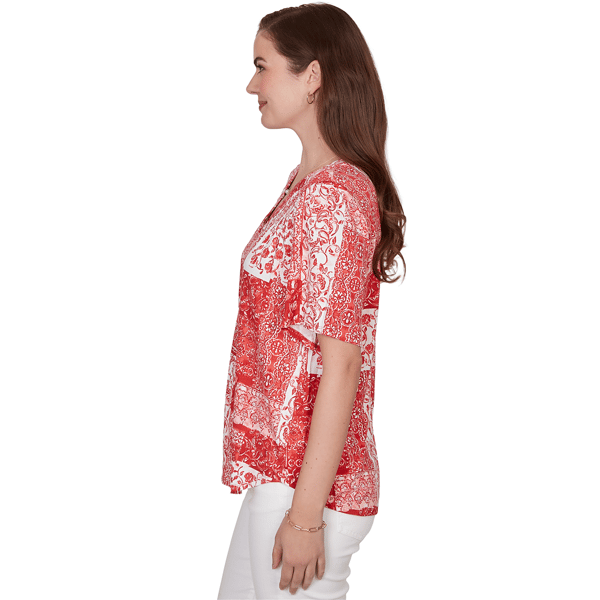 Womens Ruby Rd. French Riviera Elbow Sleeve Patchwork Henley Tee