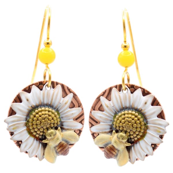 Silver Forest Sunflower Bee Drop Earrings - image 
