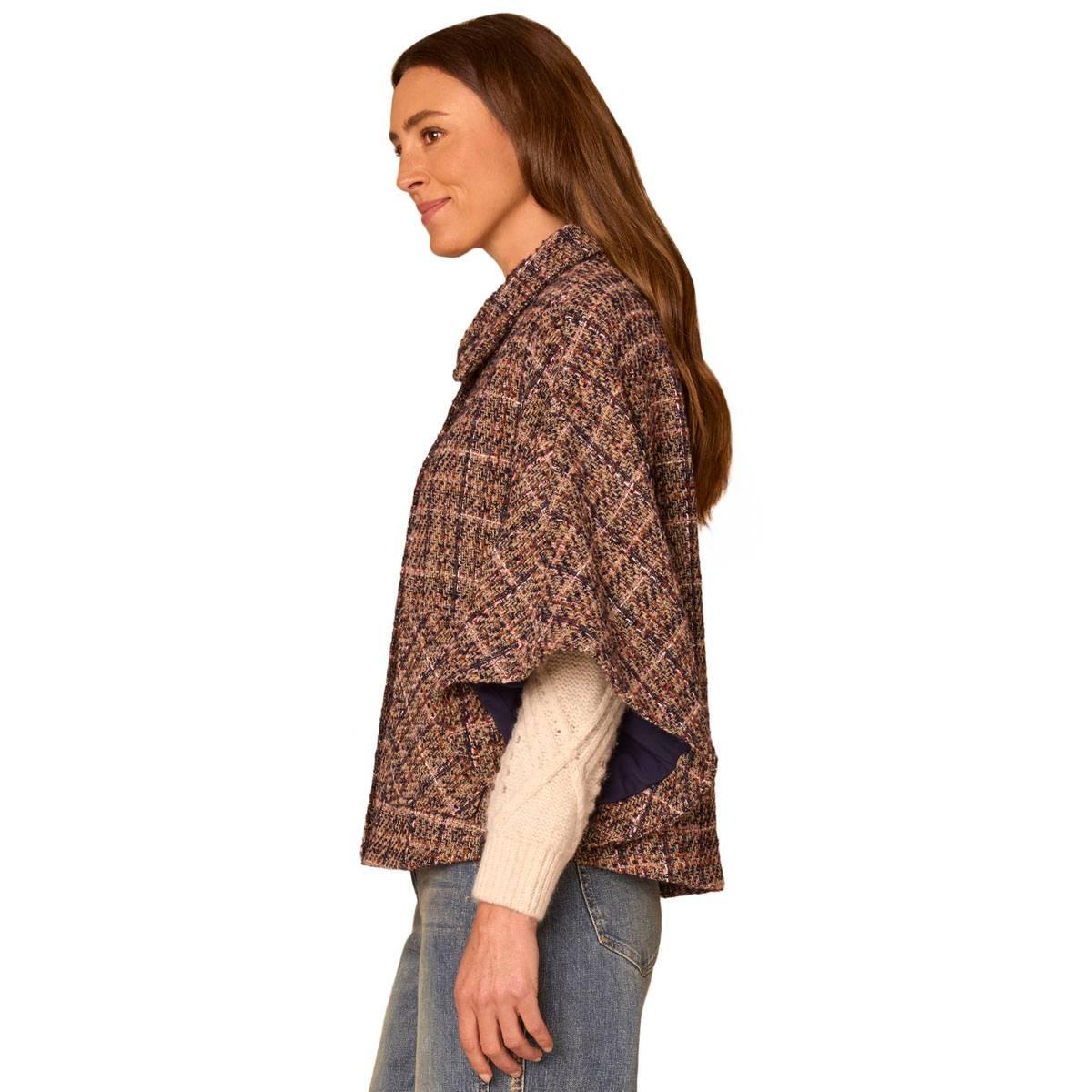 Womens Democracy Wide Collar Patch Pocket Plaid Capelet