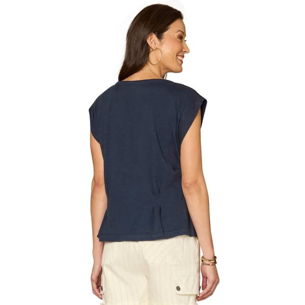 Womens Democracy Cap Sleeve Pleated Navy Peplum Blouse