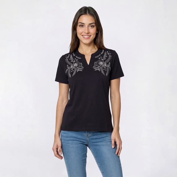 Petite Hasting & Smith Short Sleeve Split Neck Lurex Tee