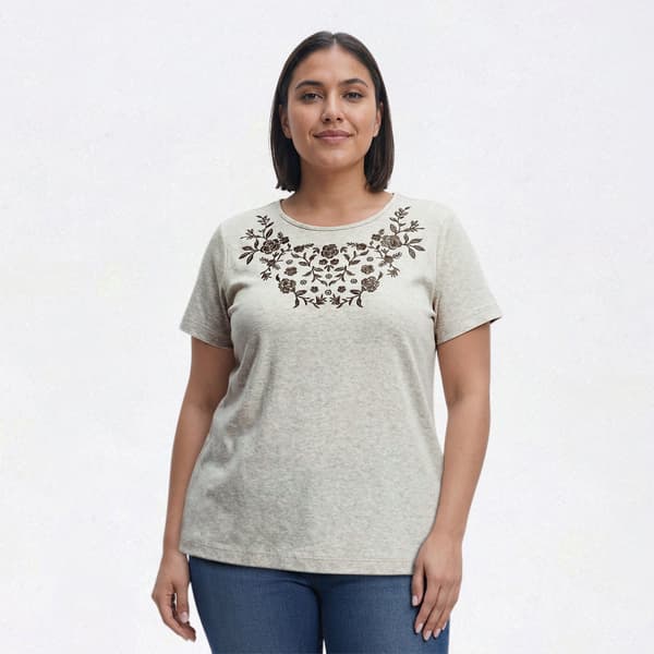 Plus Size Bonnie Evans Neutral Tonal Floral Embroidery Tee - image 