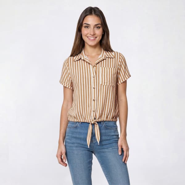 Womens Como Black Short Sleeve Stripe Tie Hem Button Front Blouse - image 