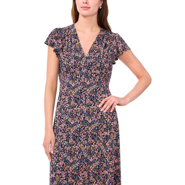 Womens MSK Flutter Cap Sleeve Floral Maxi Godet Dress