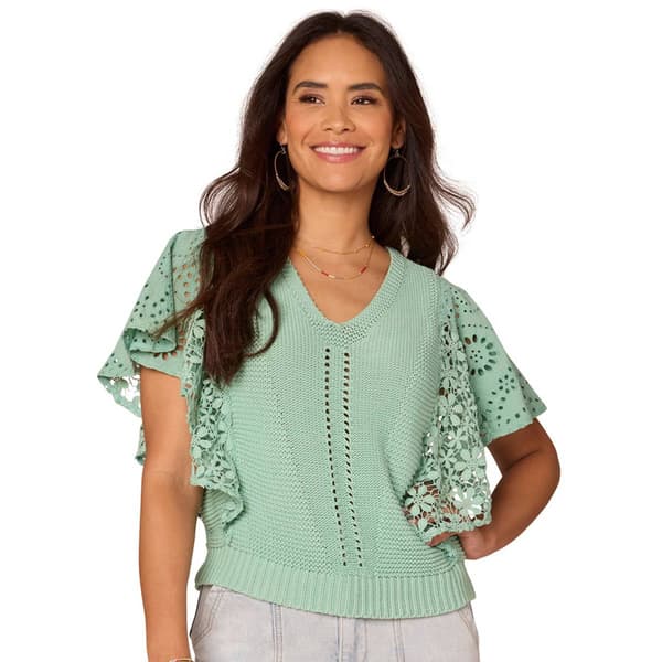 Womens Democracy Flutter Sleeve Eyelet Floral Lace Blouse