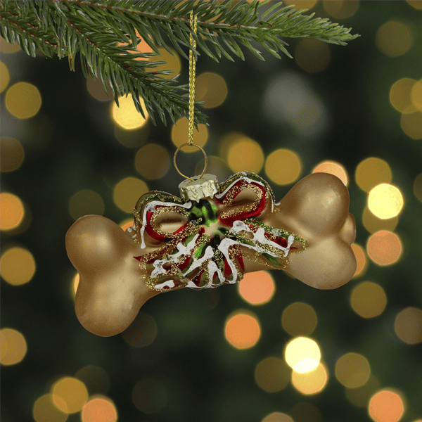 Northlight Gold Dog Bone with Bow Glass Christmas Ornament