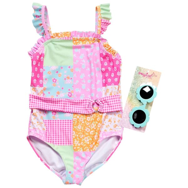 Girls (7-12) Be Magical One Piece Floral Patch Swim w/ Glasses