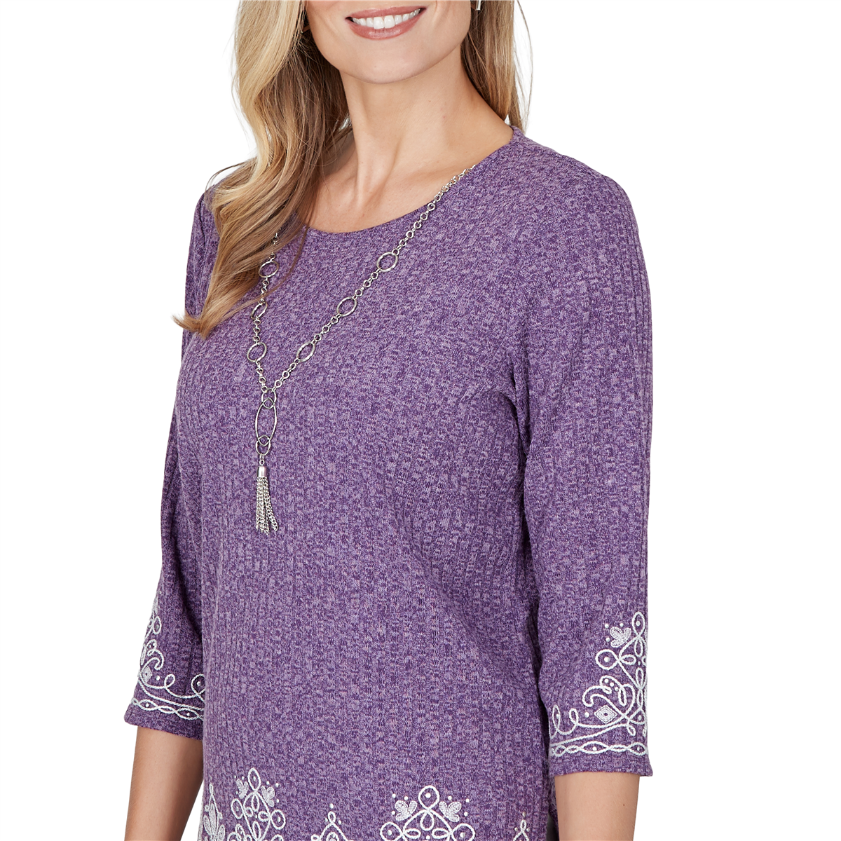Petite Alfred Dunner Vail 3/4 Sleeve Soutache Border Sweater