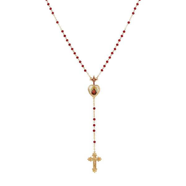 Symbols of Faith Gold-Tone Red Bead Jesus Decal Rosary