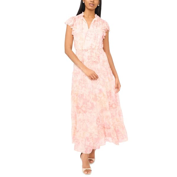 Womens MSK Short Sleeve Tie Neck Print Chiffon Tier Maxi - image 