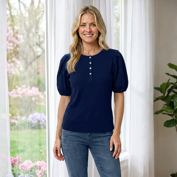 Womens Nicole Miller Short Poplin Sleeve Ribbed Blouse - image 