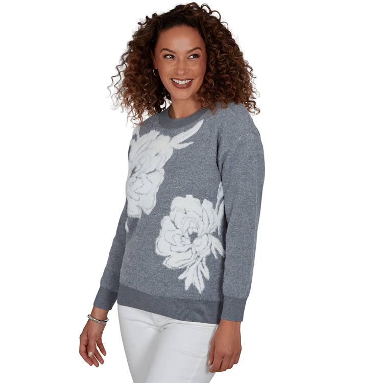 Womens Hearts of Palm Silver Linings Long Sleeve Floral Sweater
