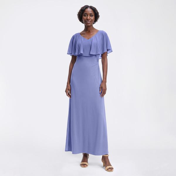 Petite Connected Apparel Sheer Ruffle Overlay Evening Gown - image 
