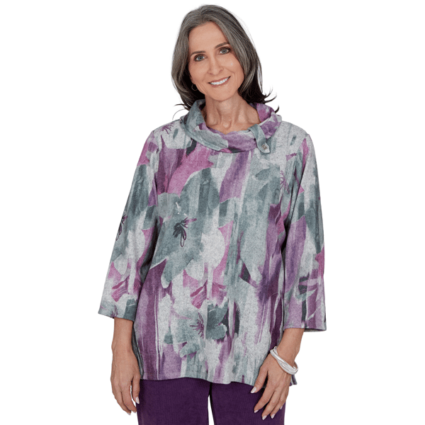 Petite Alfred Dunner Vail Floral Brushstroke Cowl Neck Blouse - image 
