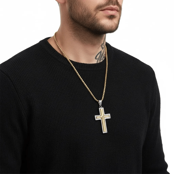 Mens Iron Saints Our Father Prayer Spinner Cross Chain Necklace