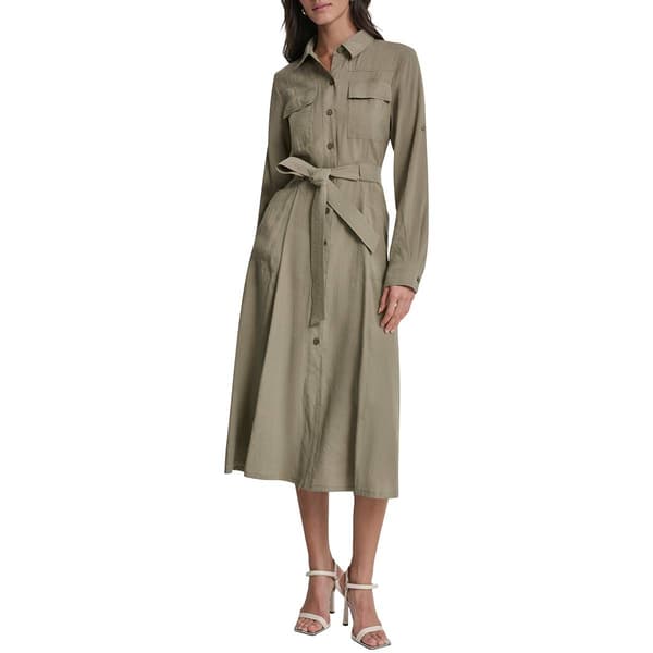 Womens DKNY Long Roll Tab Sleeve Tie Belt Cargo Shirtdress - image 