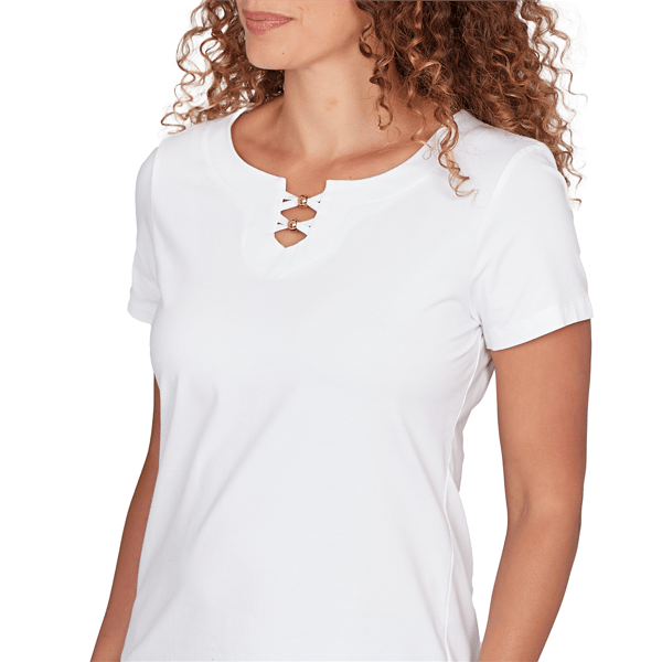 Womens Hearts of Palm Fresh Start Short Sleeve Split Neck Blouse