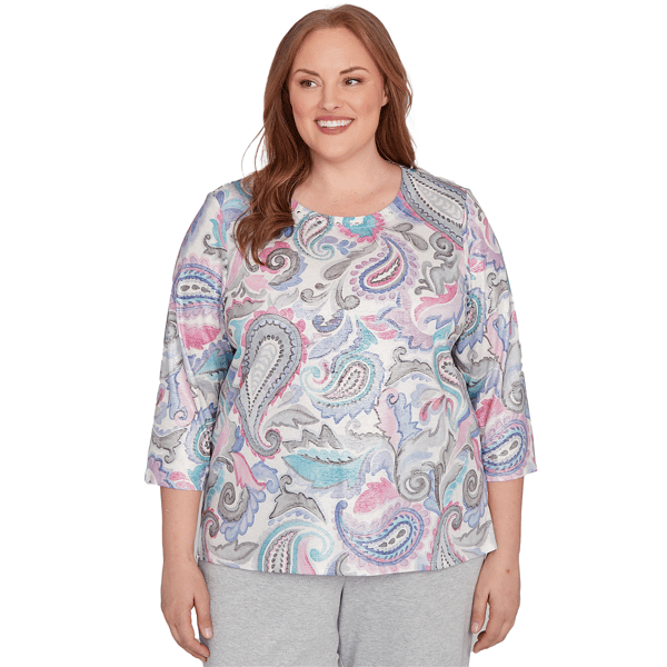 Plus Size Alfred Dunner Casual Vibe Pleated Paisley Crew Neck Top
