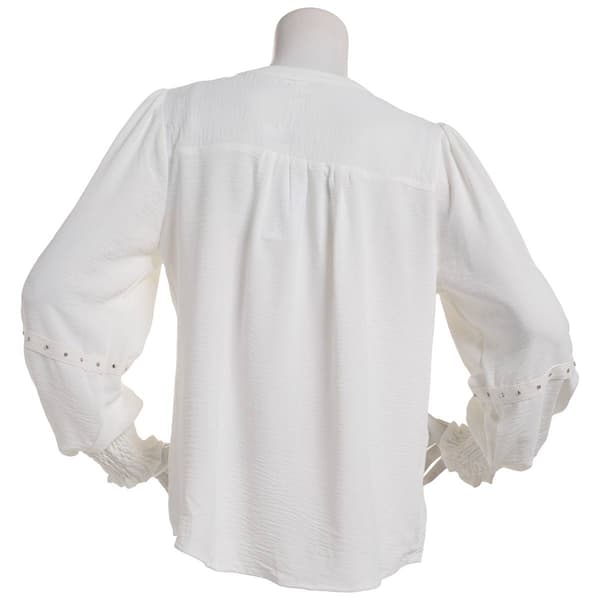Petite NY Collection Long Smocked Sleeve Studded Detail Blouse