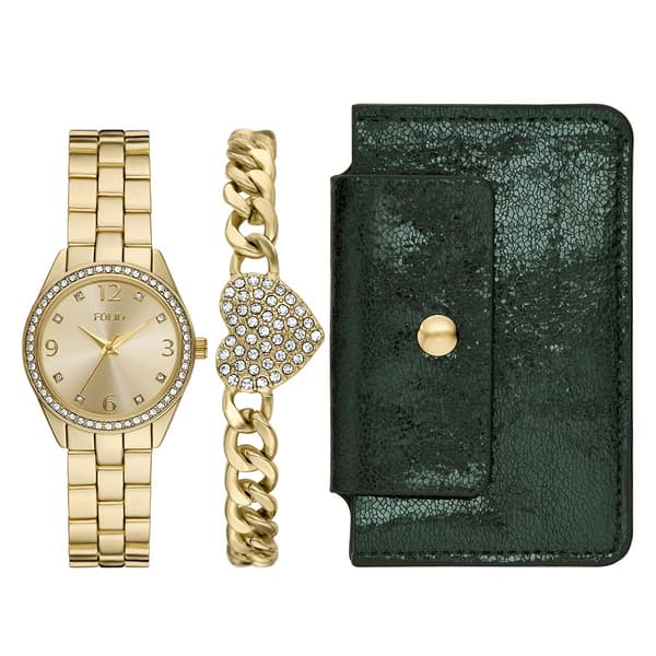 Womens Folio Watch/Heart Bracelet/Wallet Set - FDMFL2090