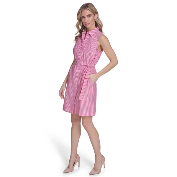 Womens Tommy Hilfiger Sleeveless Stripe Tie Waist Shirtdress