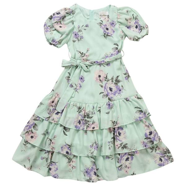 Girls &#40;7-16&#41; Rare Editions Floral Dobby Puff Dress w/ Tier Skirt - image 