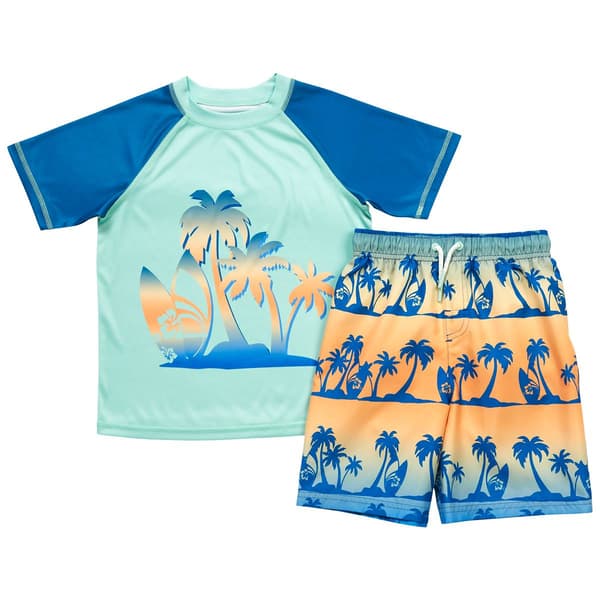 Boys &#40;4-7&#41; SURFZONE&#40;R&#41; Ombre Palm Tree Rash Guard & Swim Trunk Set - image 