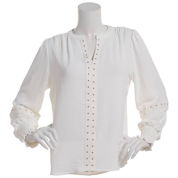 Petite NY Collection Long Smocked Sleeve Studded Detail Blouse - image 