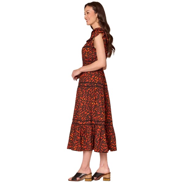 Womens Democracy Cap Sleeve Square Neck Ruffle Leaf Midi Dress