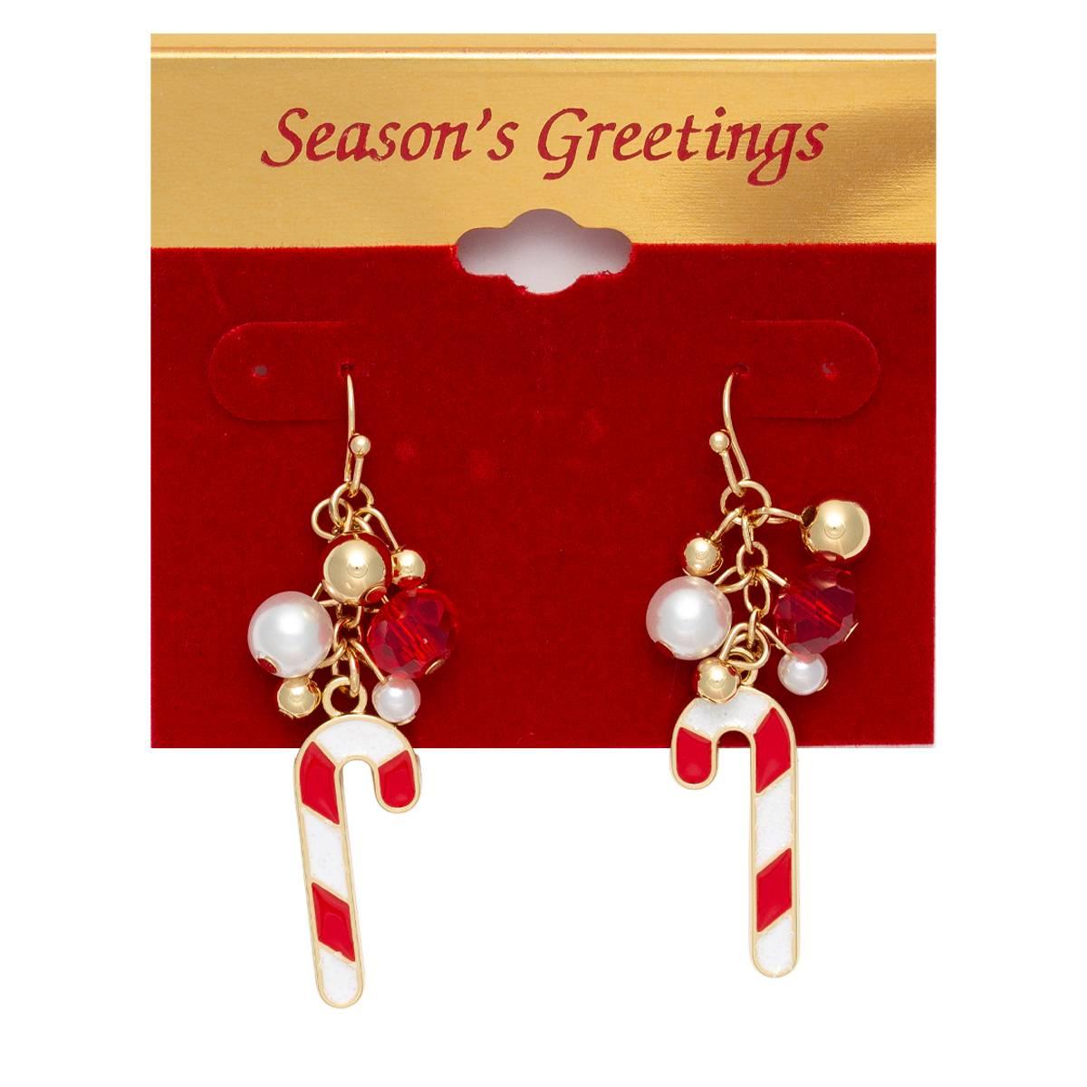 Pearl/Gold Ball/Red Stone Drop Candy Cane Earrings