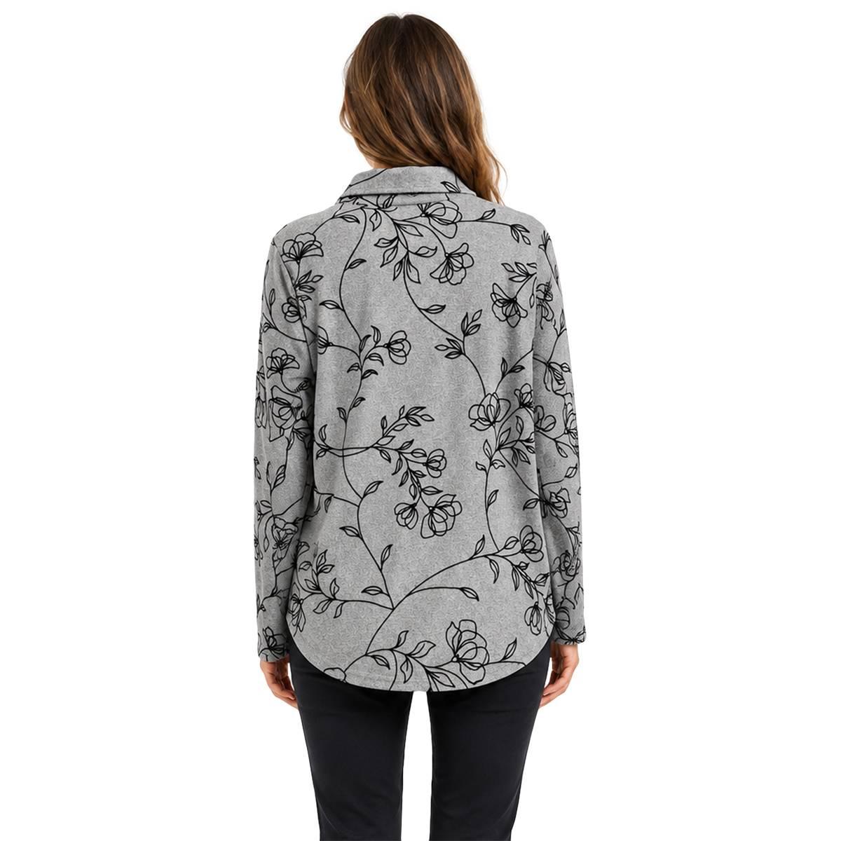 Womens Zac & Rachel Long Sleeve 1/2 Button Up Floral Grey Blouse
