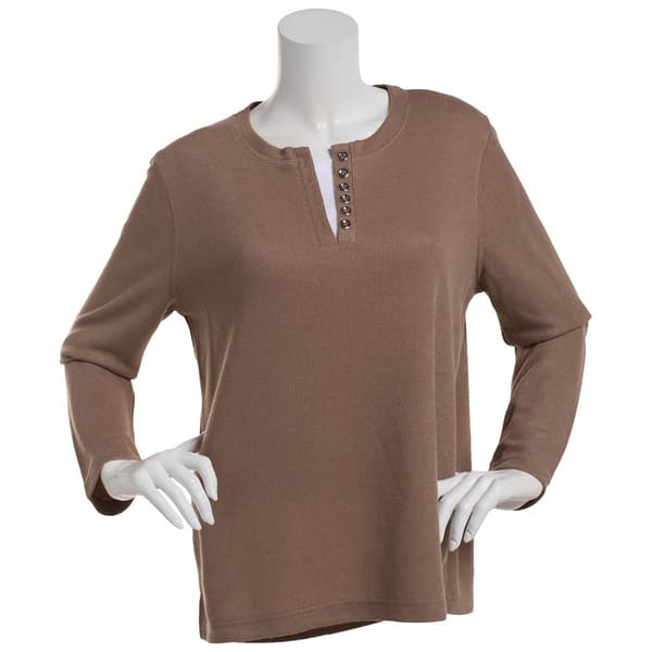 Plus Size Hasting & Smith Long Sleeve Solid Tee with Buttons - image 