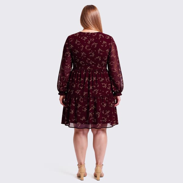 Plus Size Perceptions Long Sleeve Floral Chiffon Babydoll Dress